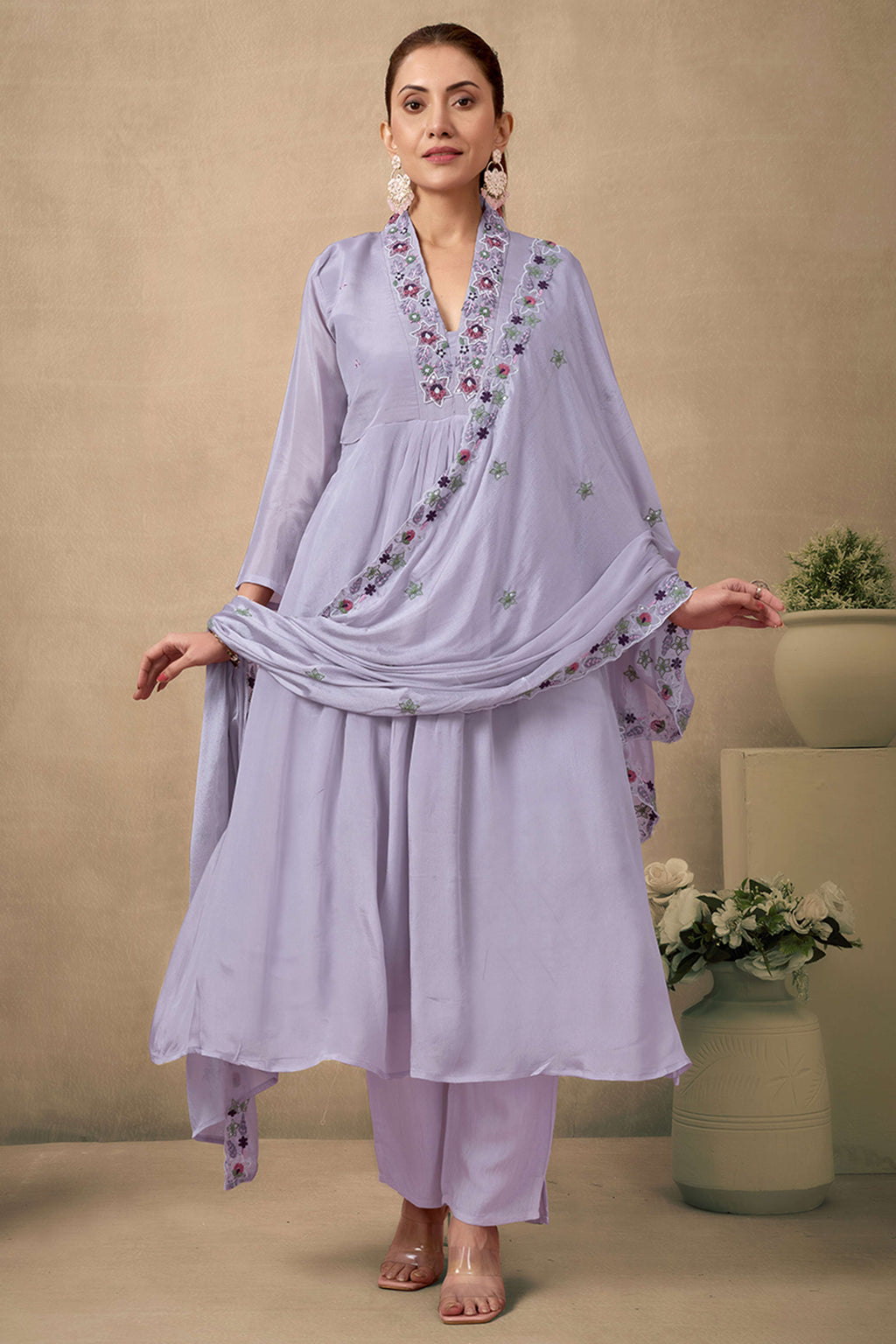 Grey Floral Embroidery With Handwork Viscose Anarkali Salwar Suit Grey Floral Embroidery With Handwork Viscose Anarkali Salwar Suit