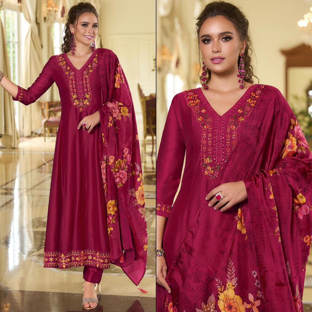 Magenta Embroidered Vichitra Silk Anarkali Salwar Suit Magenta Embroidered Vichitra Silk Anarkali Salwar Suit