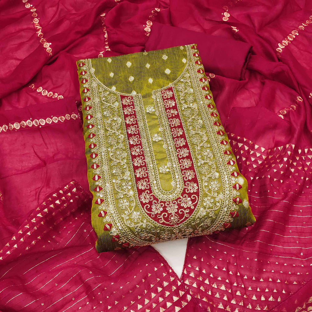 Mehendi Green Butti Jacquard Shimmer Dress Material Enhanced With Sequins Cording Embroidery Mehendi Green Butti Jacquard Shimmer Dress Material Enhanced With Sequins Cording Embroidery