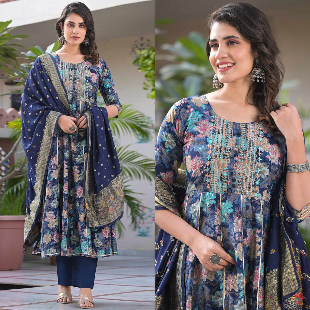 Navy Blue Floral Foil Printed Chanderi Silk Anarkali Salwar Suit Navy Blue Floral Foil Printed Chanderi Silk Anarkali Salwar Suit