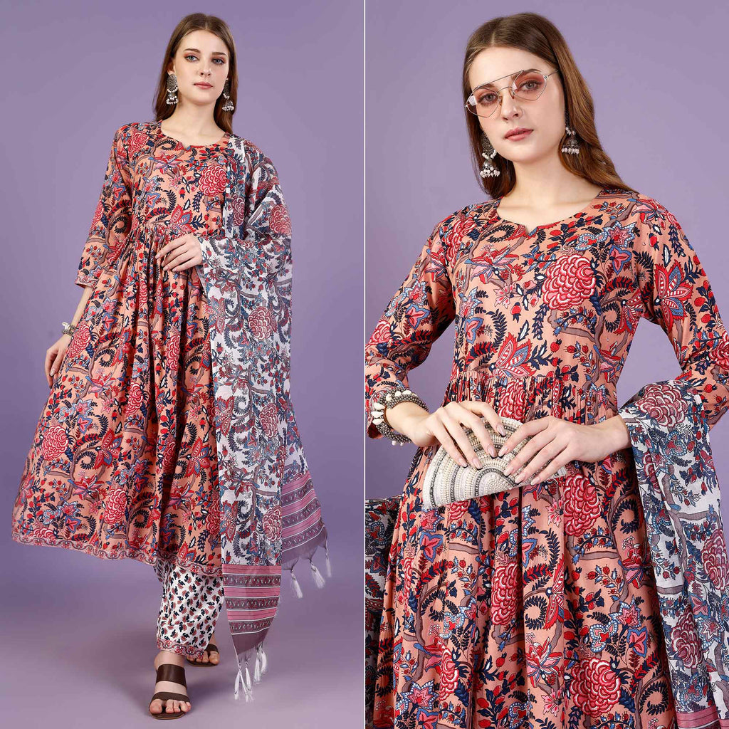 Peach Floral Printed Viscose Anarkali Salwar Suit Peach Floral Printed Viscose Anarkali Salwar Suit
