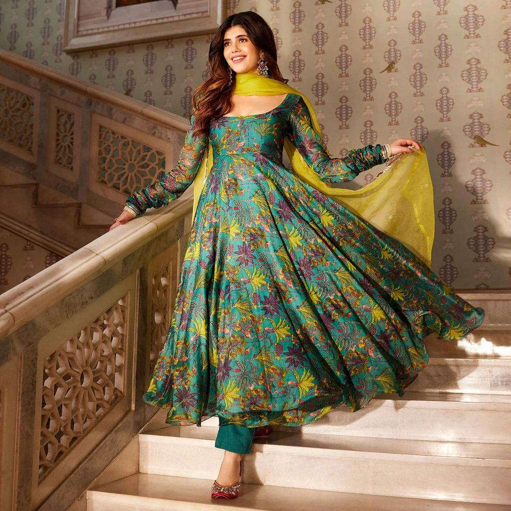 Rama Green Floral Digital Printed Chanderi Anarkali Style Suit Rama Green Floral Digital Printed Chanderi Anarkali Style Suit
