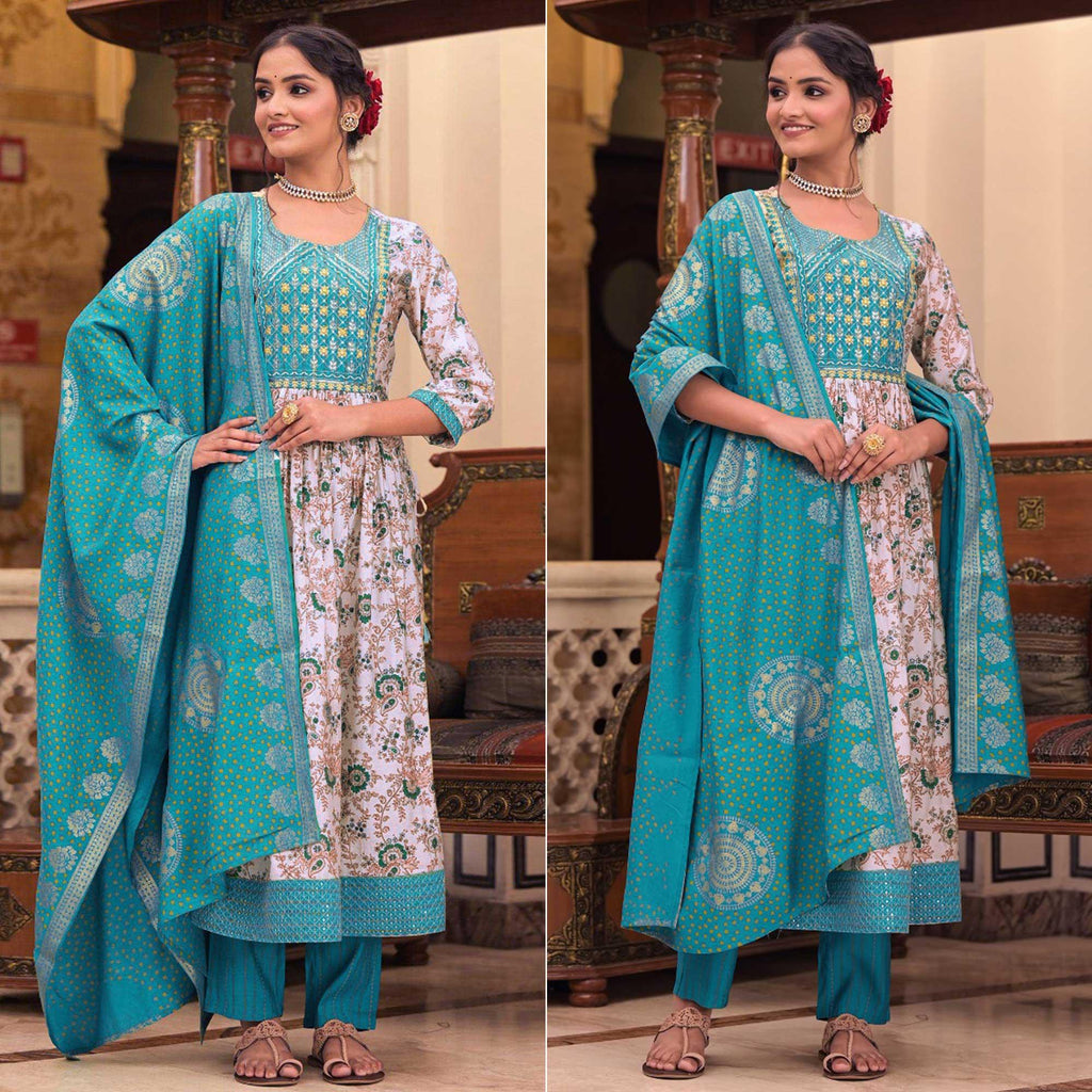 White-Blue Floral Printed With Embroidered Muslin Anarkali Suit White-Blue Floral Printed With Embroidered Muslin Anarkali Suit